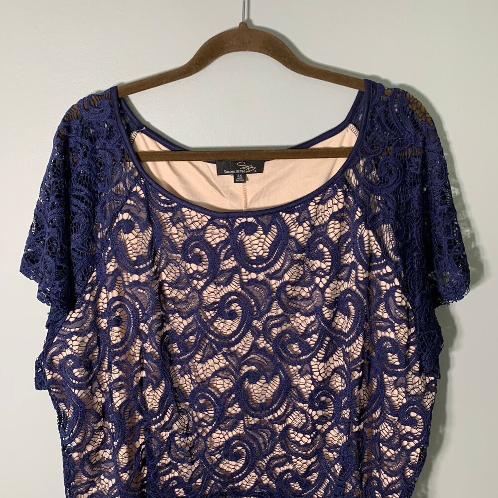 NWOT Suzanne Betro Lace Blouse Women 4X Navy Blue Short Sleeve Scoop Neck Scroll - Picture 3 of 9